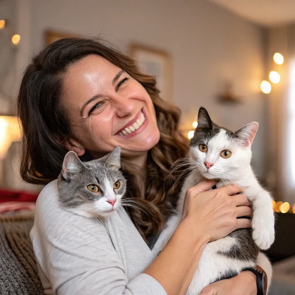 Smiling woman with her two cats