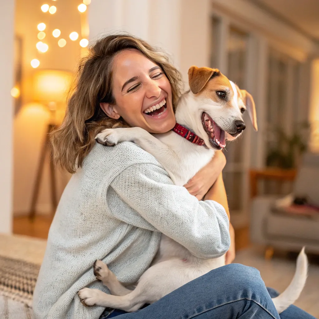 Happy dog owner holding her pet